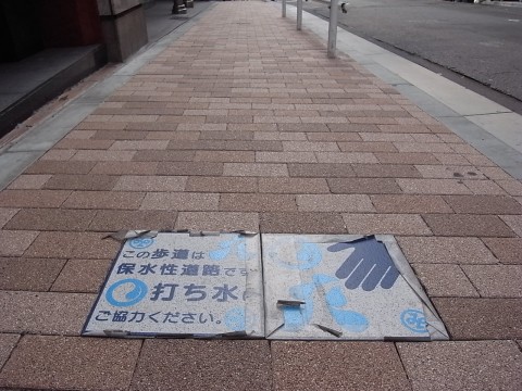 保水性道路　「皆さん打ち水にご協力を」