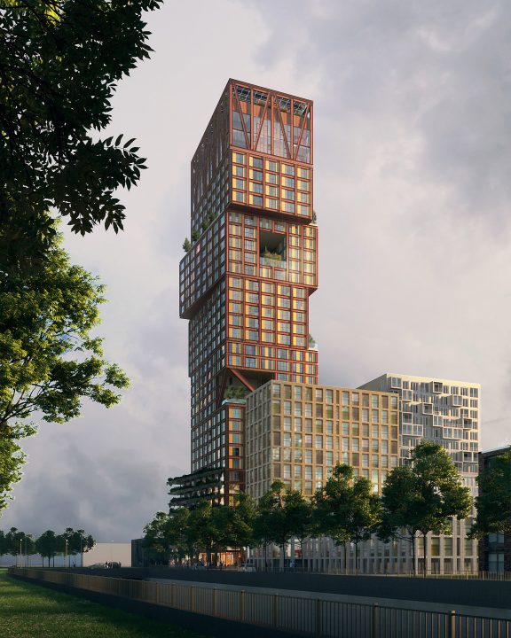 オランダ・ハーグの住居用タワー「Binck Blocks」 垂直に6つの「地区」を積み上げたデザイン