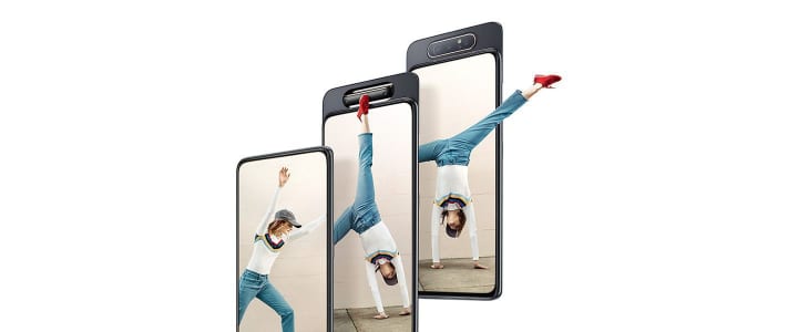 Samsungのスマートフォン「Galaxy A80」 クルっと回転する3種類のカメラを搭載