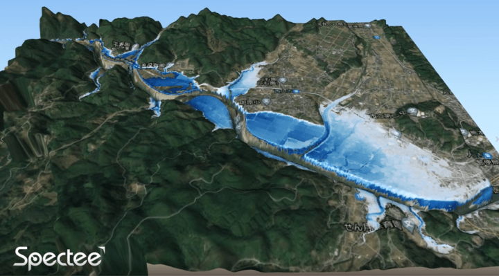 スペクティ、AIを活用して水害発生時の 浸水範囲をリアルタイムで3Dマップ化